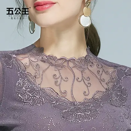 五公主半高领蕾丝打底衫春秋女装黑色网纱妈妈洋气纱衣显瘦上衣薄商品大图