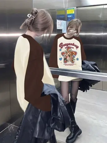 棕色美式复古oversize卫衣女2023新款秋冬冬宽松上衣设计感小众女商品大图