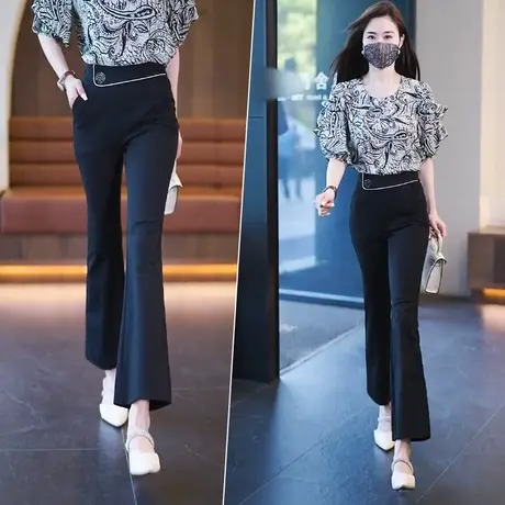 黑色微喇裤子女夏季女士直筒九分喇叭2023年新款高腰显瘦马蹄裤女图片