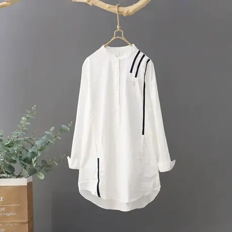 中长款白衬衫女韩范休闲立领宽松衬衣女2023春装新款文艺长袖上衣商品大图