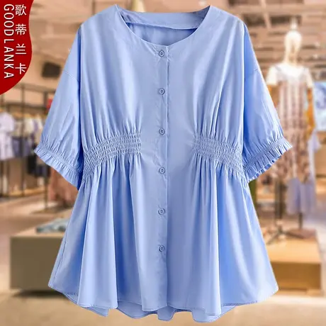 大码妈妈夏装T恤上衣200斤宽松遮肚收腰时尚洋气女士纯棉短袖衬衫商品大图