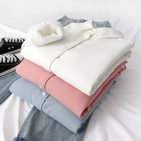 2020冬新款日系文艺加绒纯棉白色衬衫女保暖加厚修身职业打底衬衣图片