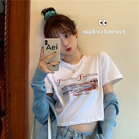 网红ins超火短款t恤女夏装宽松韩版潮泫雅风小心机露脐短袖上衣服商品大图