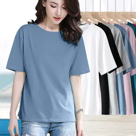 雾霾蓝色短袖t恤女夏纯棉宽松显瘦纯色大码百搭简约休闲体恤上衣图片
