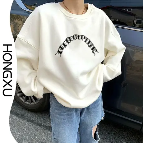 红续2023秋冬新款美式简约印花圆领卫衣oversize显瘦百搭加绒长袖商品大图