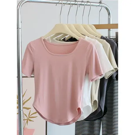 设计感~方领短款莫代尔t恤女夏短袖修身运动上衣瑜伽舞蹈服演出服商品大图