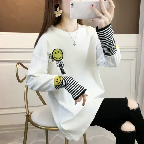 设计感小众长袖t恤女秋冬韩版大码女装中长款宽松加绒德绒打底衫图片