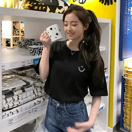 夏季新款小众设计感薄款别致ins潮上衣服甜酷白色短袖宽松T恤女装商品大图