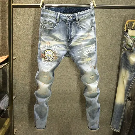 时尚潮牌印花牛仔裤男款破洞修身小脚裤高端刺绣复古帅气潮男裤子商品大图