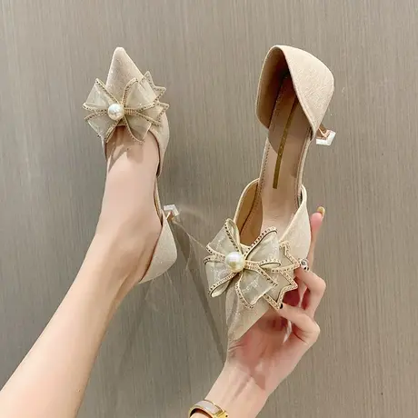 永希法式尖头细跟单鞋女夏季2023年新款网红ins爆款蝴蝶结高跟鞋图片