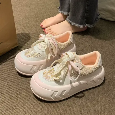 厚底增高小白鞋女2024年春季新款网红超火小众拼色大头丑萌面包鞋图片