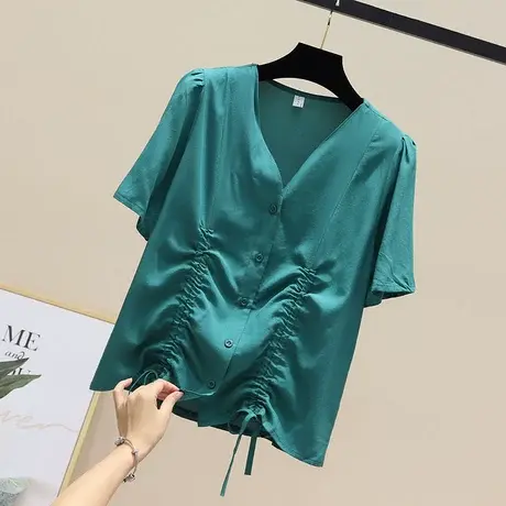 欧洲站很仙甜美抽绳V领短袖雪纺衫女上衣夏季2023减龄设计感小衫商品大图