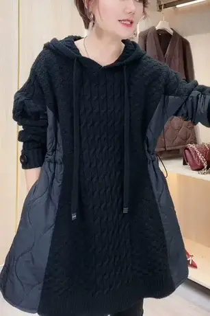 棉服拼接针织衫外套秋冬季新款大码女装宽松显瘦时髦连帽套头毛衣商品大图