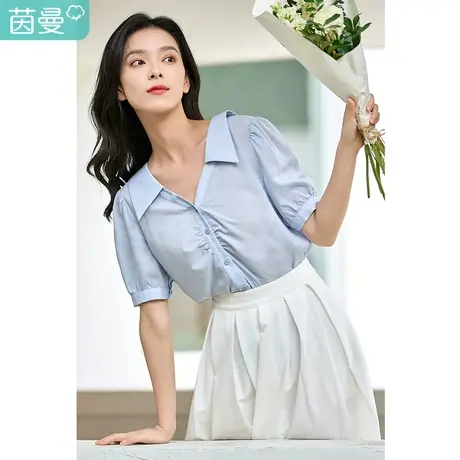 茵曼长尖领衬衫女士2023年夏季新款显瘦时尚泡泡袖新疆棉通勤衬衣商品大图