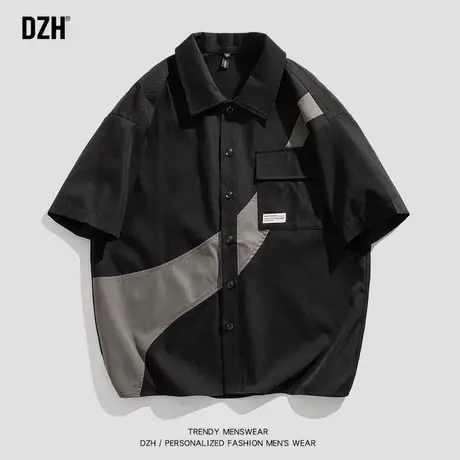 男生拼接工装衬衫男短袖夏季高级感潮牌半袖衬衣设计感小众寸衫商品大图