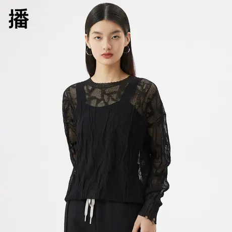 播薄款针织毛衫女2023秋季新款磨破设计唯美网纱提花圆领宽松毛衣商品大图
