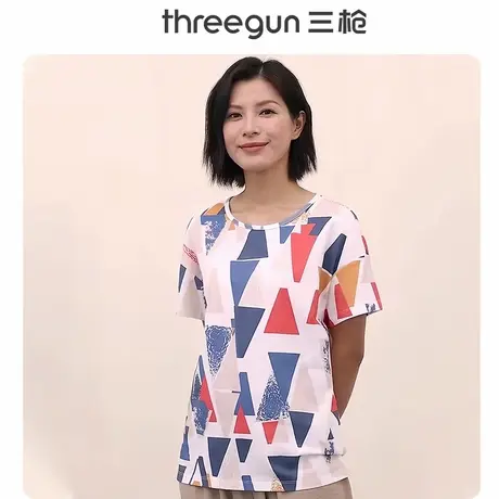 三枪短袖女纯棉印花宽松简约中老年妈妈背心薄款全棉透气T恤汗衫商品大图