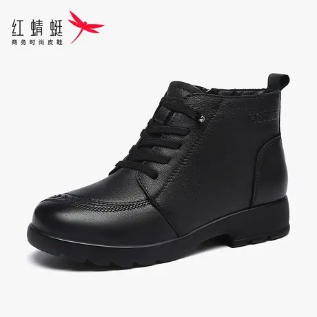 红蜻蜓女鞋秋冬季新款平底老人妈妈款棉鞋短靴女加绒保暖棉靴真皮图片