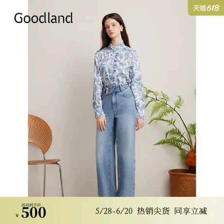 Goodland美地秋季斜纹印花木耳边领衬衫泡泡袖上衣图片