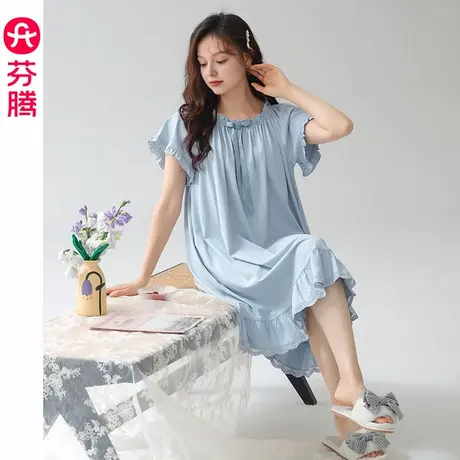 芬腾女士睡裙夏季纯棉薄款短袖睡衣裙中裙新款简约休闲大码家居服图片