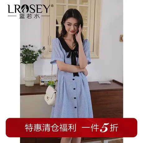 蓝若水大码女装法式气质格纹收腰A字裙胖mm夏新品蝴蝶结V领连衣裙图片