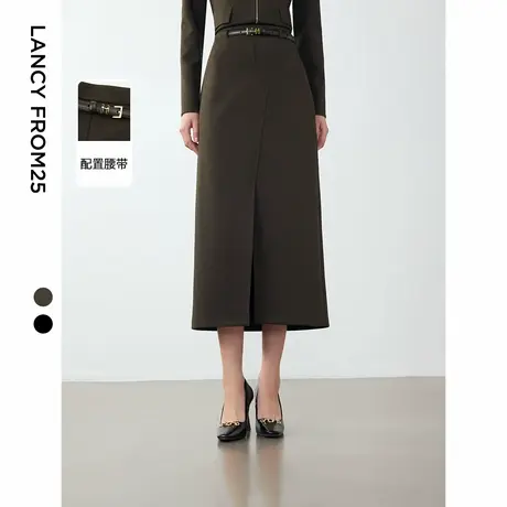 朗姿2024冬季新款法式复古开衩设计感H型半身裙法式高腰显瘦裙子图片