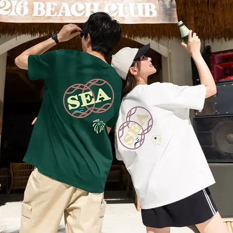 唐狮短袖女海边椰树夏季新款美式复古情侣装T恤上衣男夏装G商品大图