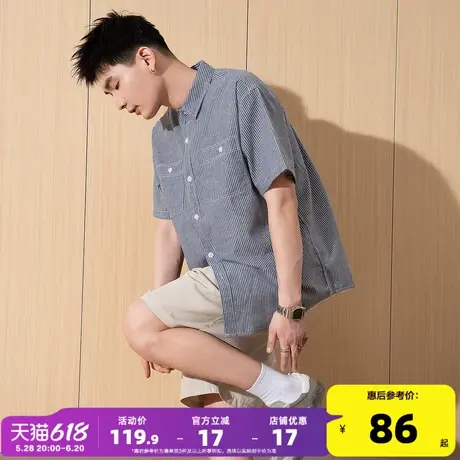 唐狮2025夏季新款条纹短袖衬衫男日系宽松休闲港风复古衬衣外套男商品大图