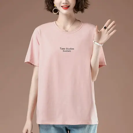 短袖t恤女夏季新款加肥加大码女装宽松纯棉休闲圆领遮肚显瘦体恤商品大图