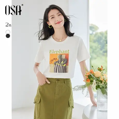 OSA欧莎圆领正肩T恤女夏季2025新款趣味大象印花复古宽松短袖上衣图片