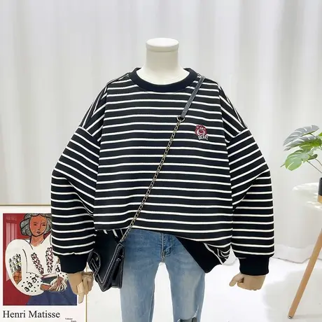 2023年春季新款卫衣条纹宽松显瘦圆领刺绣卡通韩版大码女装23042商品大图