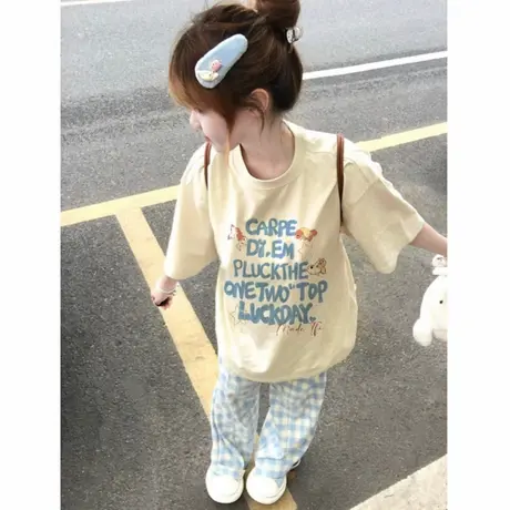金鱼字母印花设计感短袖t恤女夏季2025新款百搭休闲宽松纯棉上衣商品大图