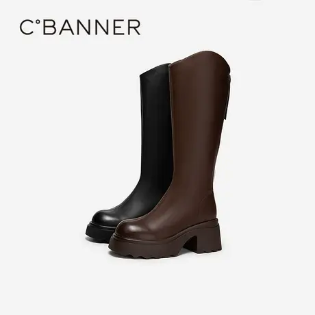 千百度厚底增高长靴2025冬季新款骑士靴女美拉德高筒靴显瘦保暖商品大图