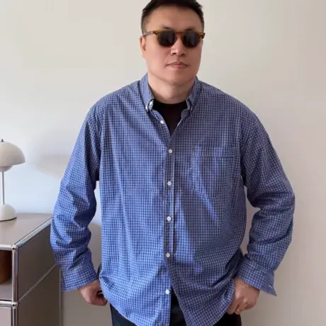 大依无忧大码男装春款小蓝格子帅气加肥加大男士长袖休闲衬衫衬衣图片