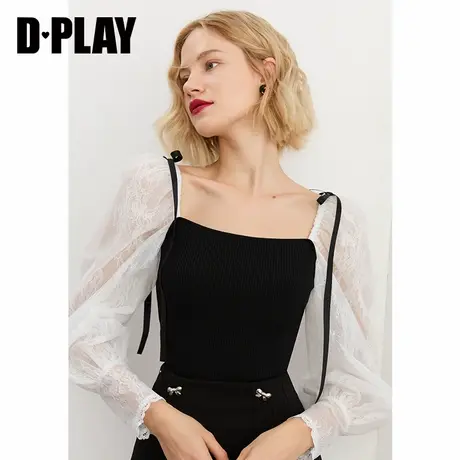 DPLAY2022秋新黑白拼法式复古方领小衫甜美女孩撞色修身针织衫图片