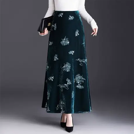 2025秋季新款国风刺绣丝绒半身裙女高腰显瘦A字裙优雅气质长裙子商品大图