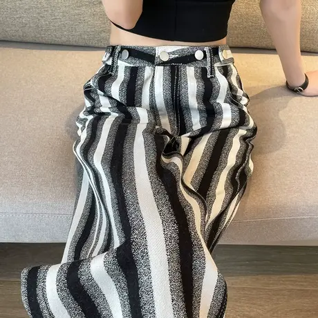 黑白条纹阔腿牛仔裤女2023春秋新款高腰宽松显瘦ins窄版直筒裤潮商品大图
