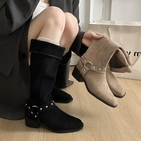 尖头粗跟骑士靴女2025秋季新款不过膝增高长靴配裙子法式高级靴子商品大图