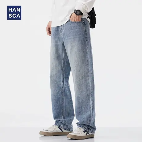 hansca浅蓝色牛仔裤男2025新款秋季直筒宽松阔腿水洗复古休闲长裤商品大图