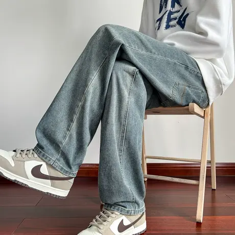 唐狮春秋季新款男牛仔裤宽松阔腿裤子复古美式潮牌直筒裤男生冬TD商品大图
