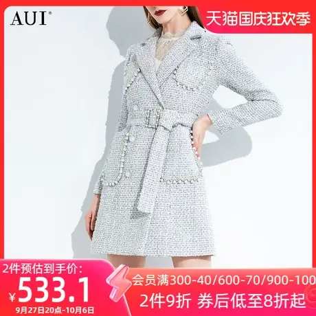 AUI灰色复古小香风职业西装外套女2023秋冬新款名媛气质修身大衣图片
