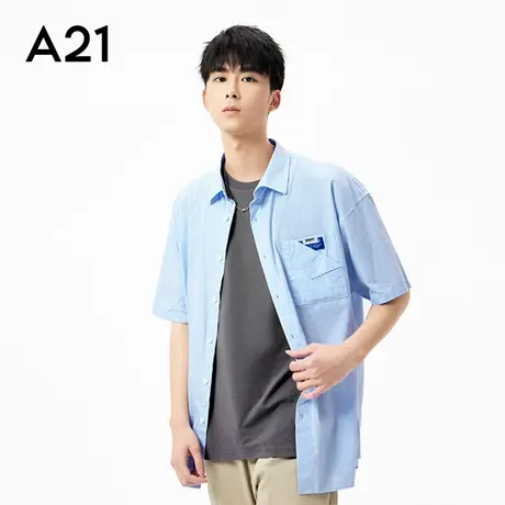 A21outlets男装宽松翻领落肩短袖衬衫夏季纯棉男士衬衣潮牌上衣图片