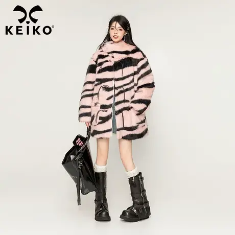 KEIKO 仿貂毛环保皮草大衣2023冬季高级感斑马纹粉色夹棉外套棉服商品大图