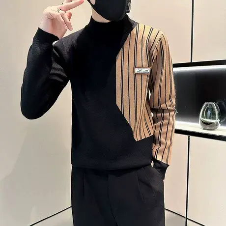 毛衣男秋冬新款ins拼接条纹高级感潮流潮牌半高领修身内搭针织衫商品大图