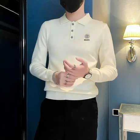 秋冬翻领POLO领针织衫线衣ins潮流刺绣简约青年小众修身打底毛衣商品大图