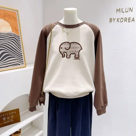 小个子加绒卫衣~2023秋冬韩代同款复古美式插肩袖小象摇粒绒上衣商品大图