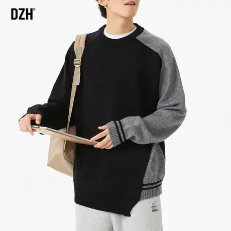 男士设计感针织毛衣男冬季慵懒风内搭圆领打底衫2023新款拼接上衣商品大图