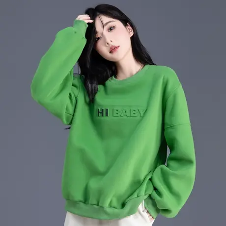 加厚加绒卫衣女2023新款爆款小个子外套韩系秋冬牛油果绿色慵懒风图片