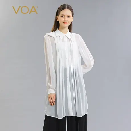 VOA真丝乔其纱茶白色不对称设计立体装饰单排多扣长袖桑蚕丝衬衫商品大图