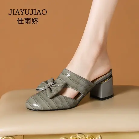 包头半拖鞋女2023新款真皮外穿凉拖鞋中跟皮拖粗跟蝴蝶结懒人鞋拖图片